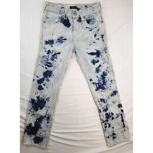 True Religion Ricky Relaxed Straight Jeans Mens 31 Thick Stitch Acid Wash